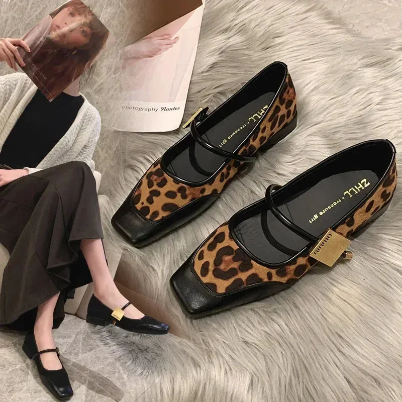 2025 Autumn Fashion Women's Flats – Square Toe Leopard Print Casual Mary Jane Shoes