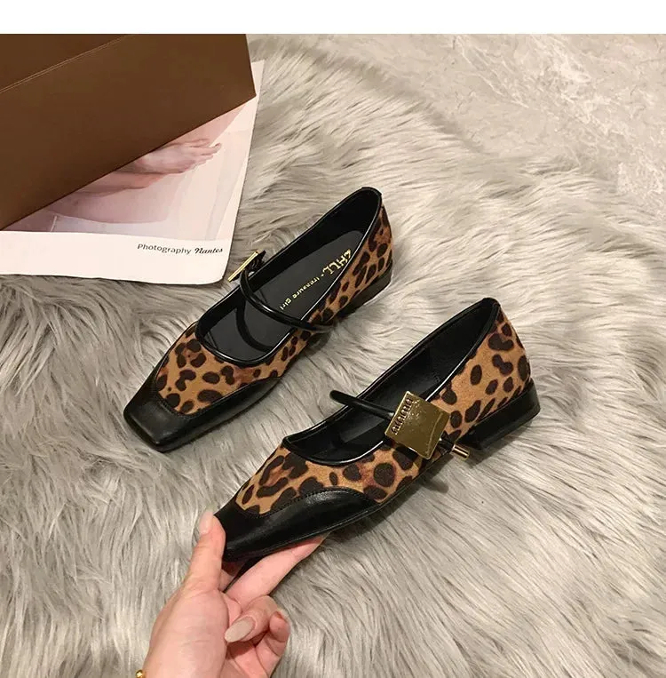 2025 Autumn Fashion Women's Flats – Square Toe Leopard Print Casual Mary Jane Shoes