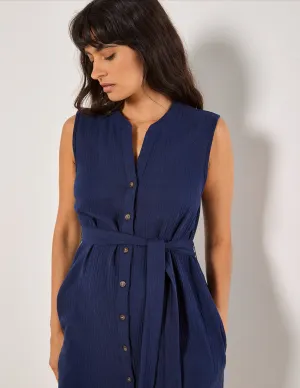 Apricot Textured Cotton Button Down Midi Dress