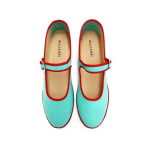 Aqua Blue Cotton Mary Jane Friulane with Red Details