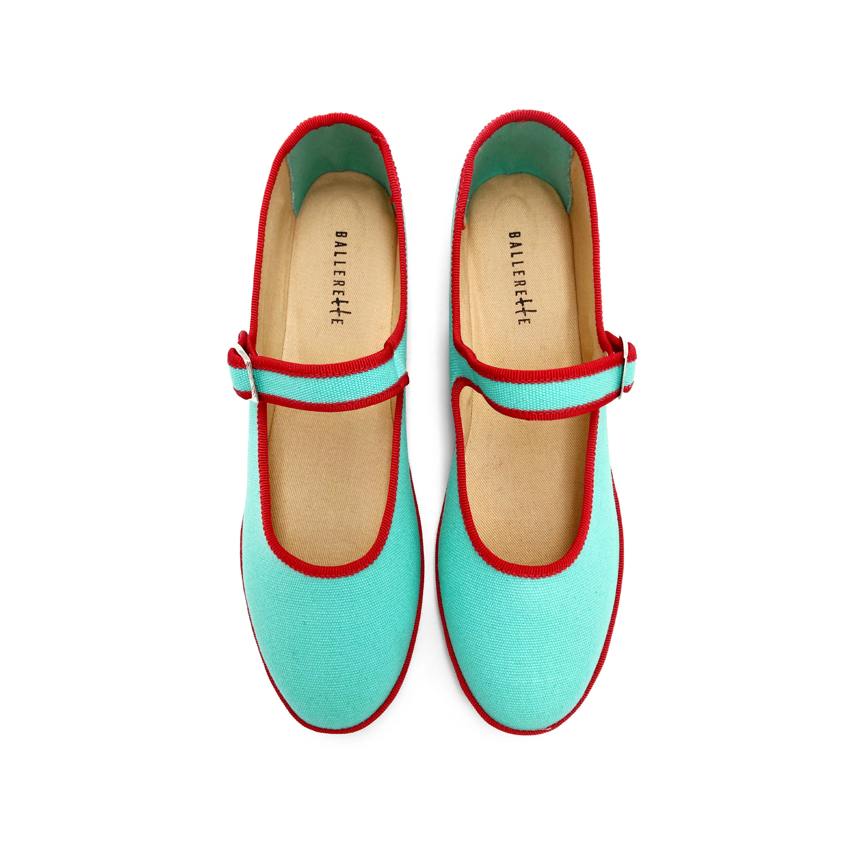 Aqua Blue Cotton Mary Jane Friulane with Red Details