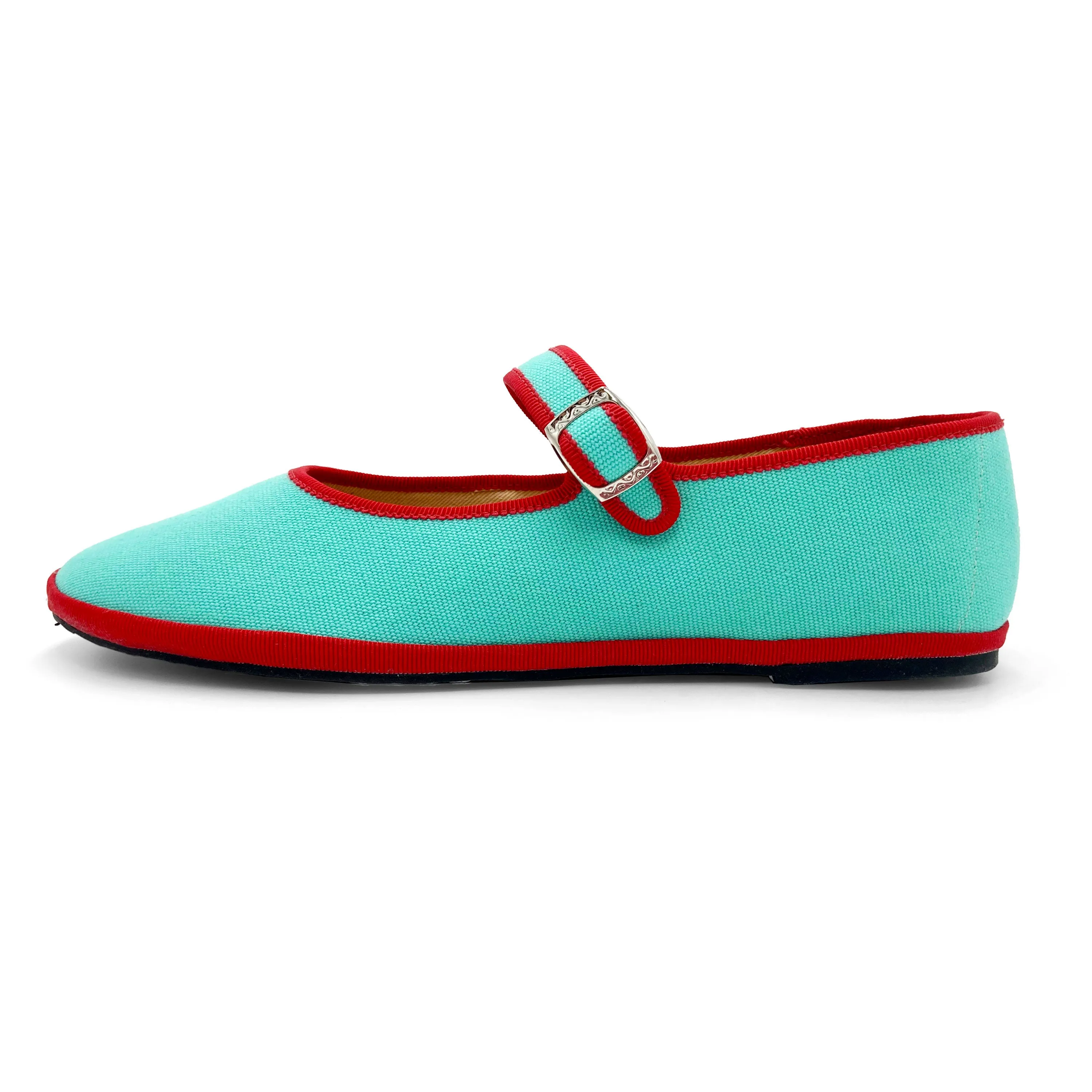 Aqua Blue Cotton Mary Jane Friulane with Red Details