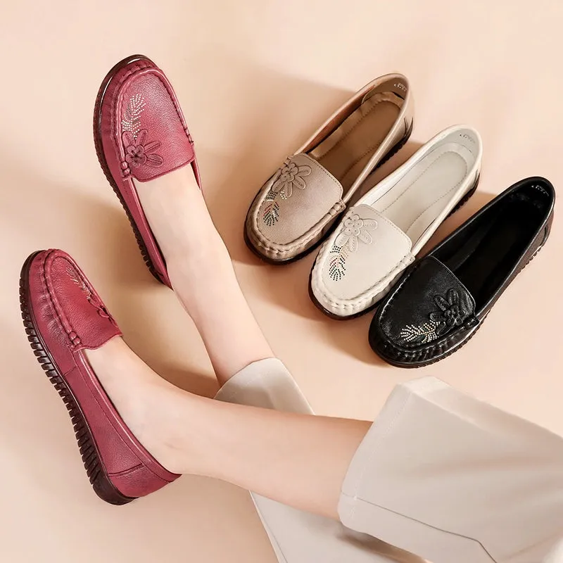 Babakud Women Spring Vintage Floral Leather Flat Loafers