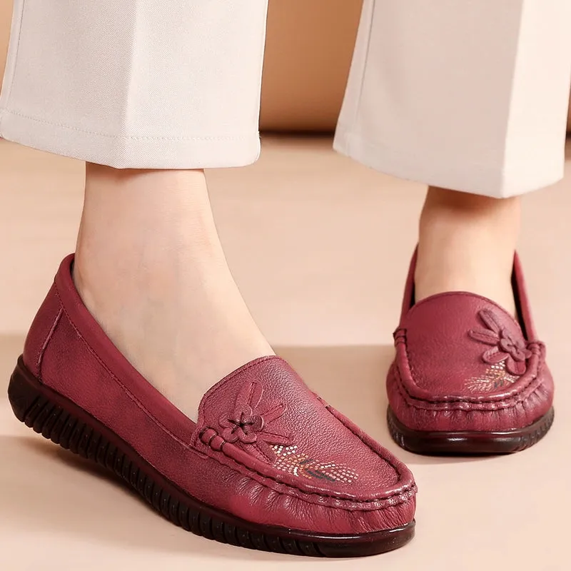Babakud Women Spring Vintage Floral Leather Flat Loafers