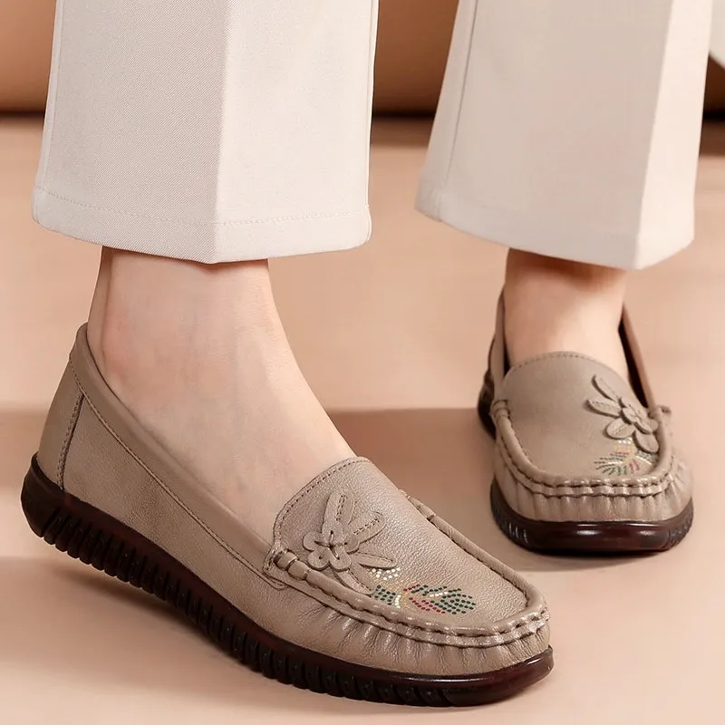 Babakud Women Spring Vintage Floral Leather Flat Loafers