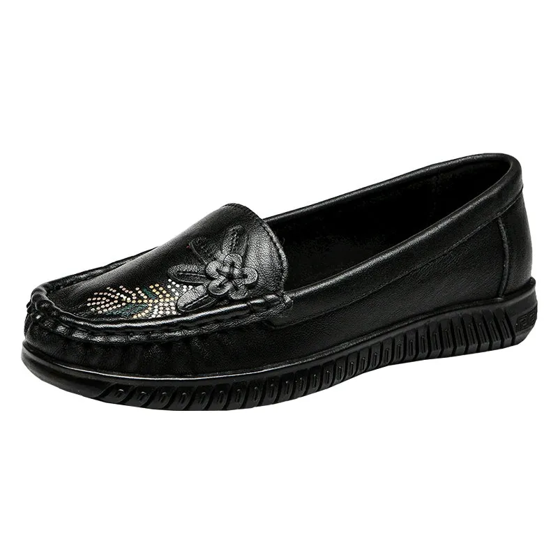 Babakud Women Spring Vintage Floral Leather Flat Loafers