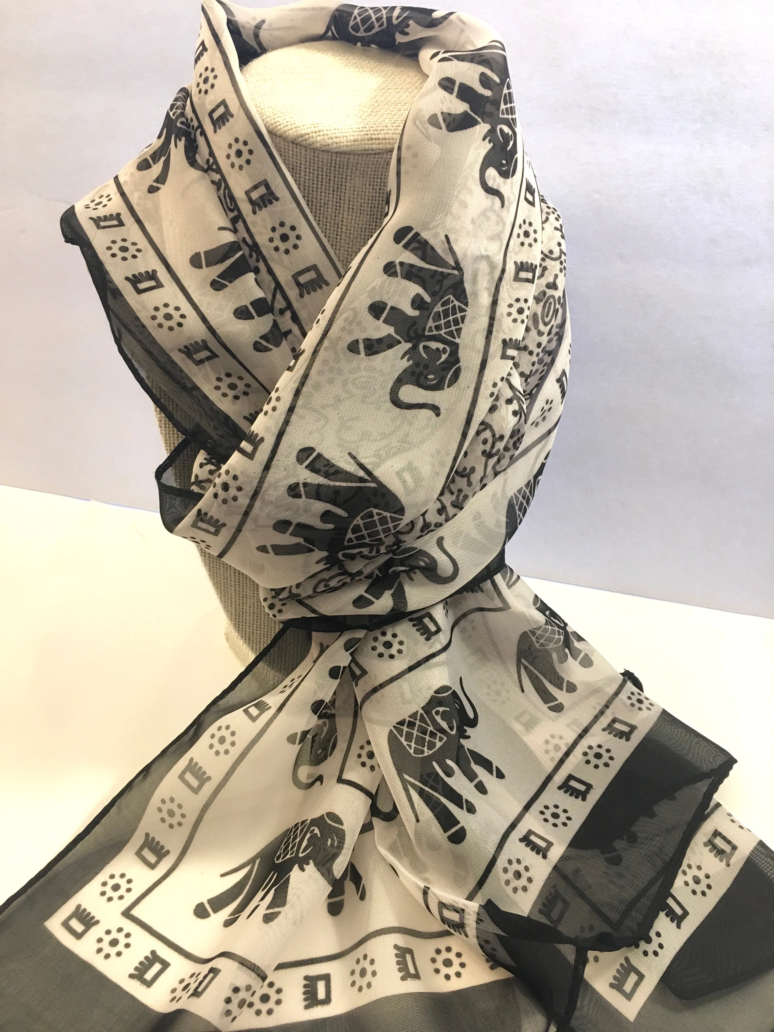 Black and Cream Elephant Scarf 60 x 18"