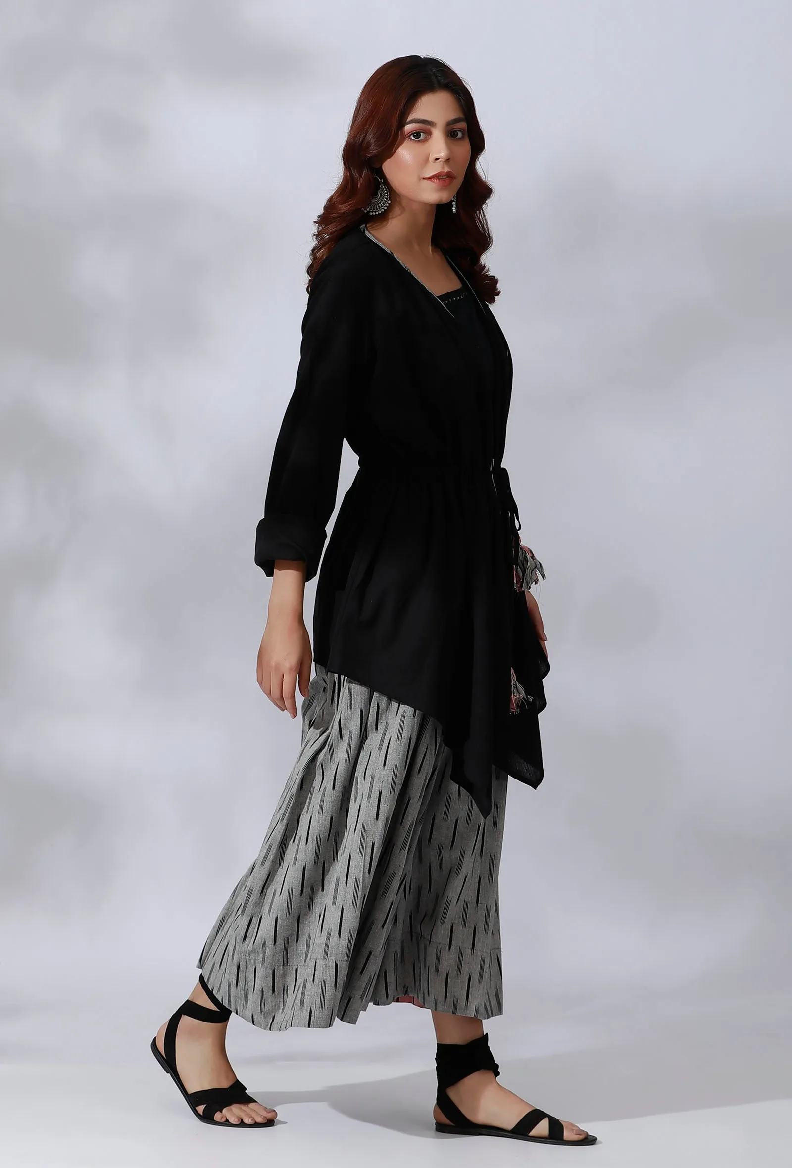 Black Asymmetrical Tie-Up Overlay With Ikkat Detailing