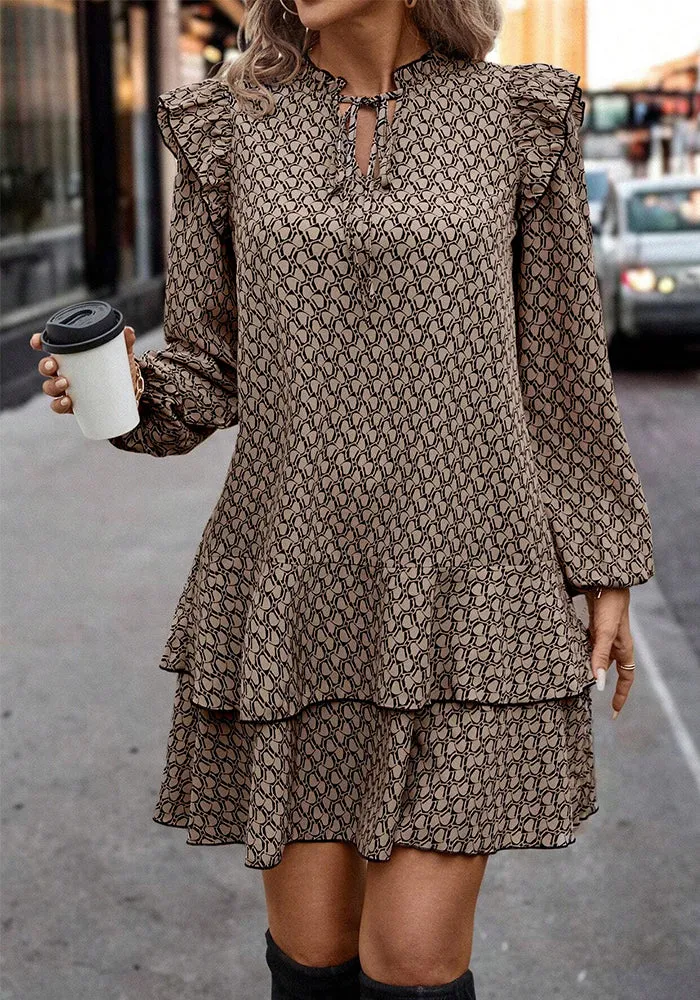 Bohemian Printed Tiered Dress with Lace-Up Neckline and Ruffle Details
