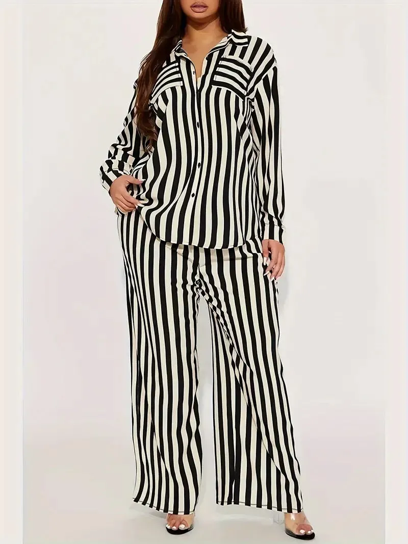 Bold Black and White Striped Long Sleeve Shirt and Pants Set
