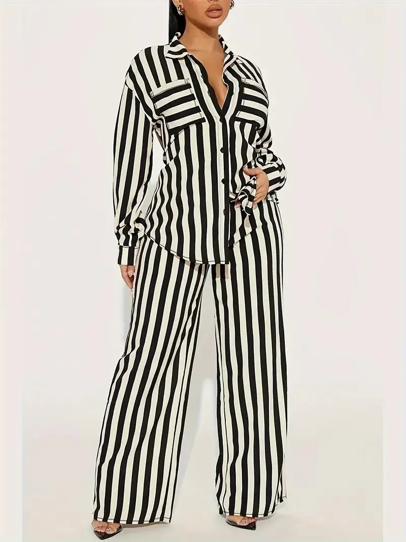 Bold Black and White Striped Long Sleeve Shirt and Pants Set