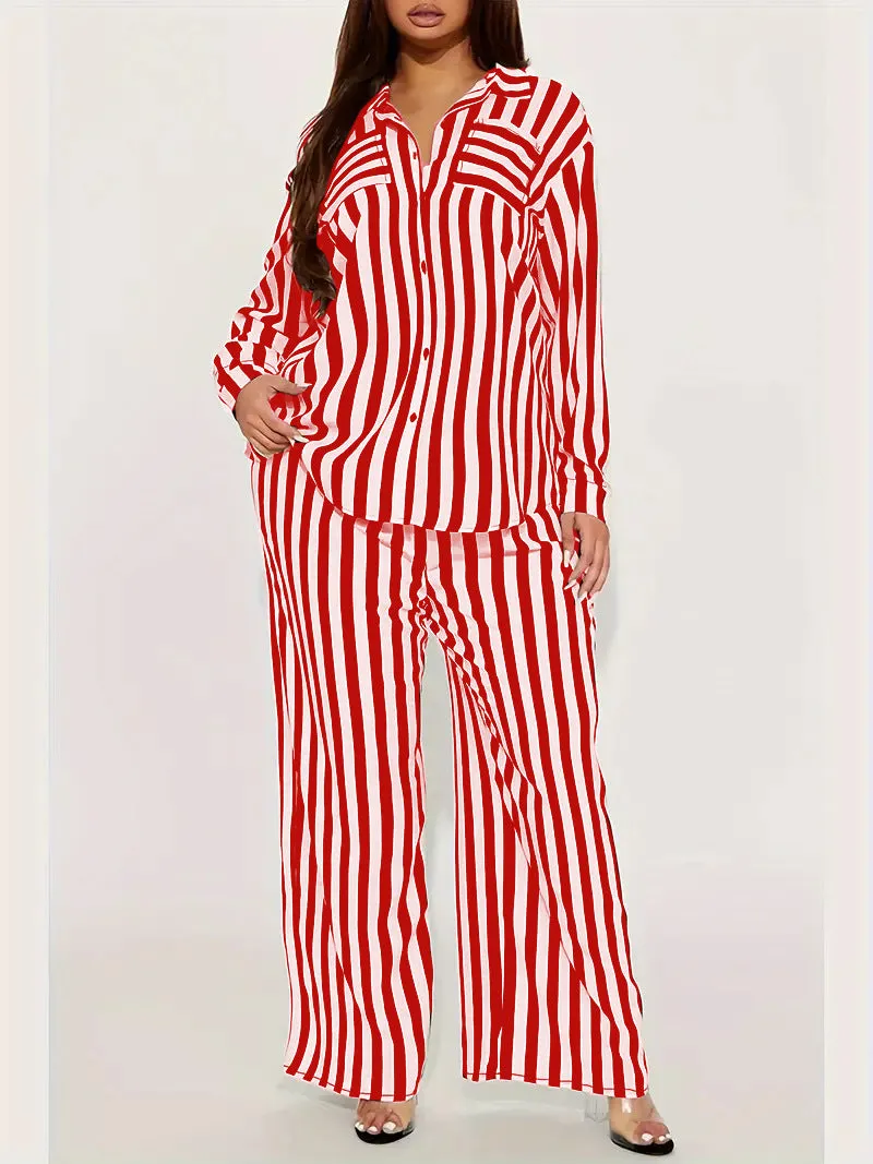 Bold Black and White Striped Long Sleeve Shirt and Pants Set