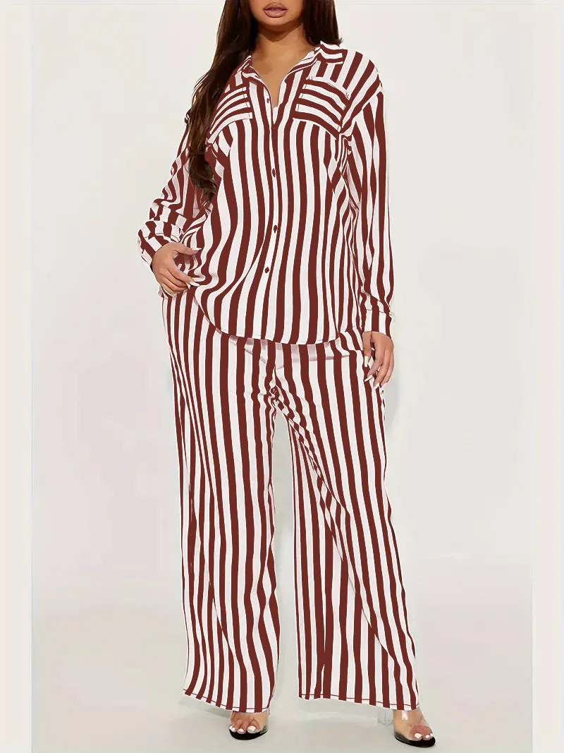 Bold Black and White Striped Long Sleeve Shirt and Pants Set