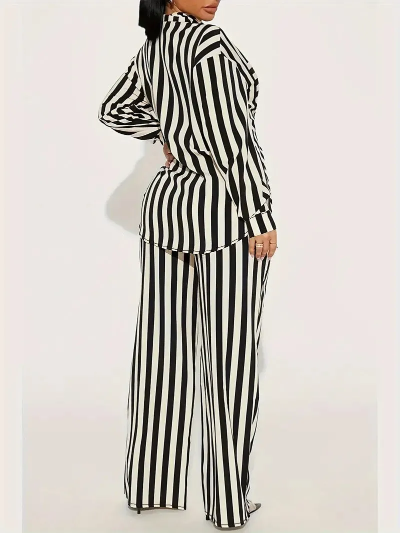Bold Black and White Striped Long Sleeve Shirt and Pants Set