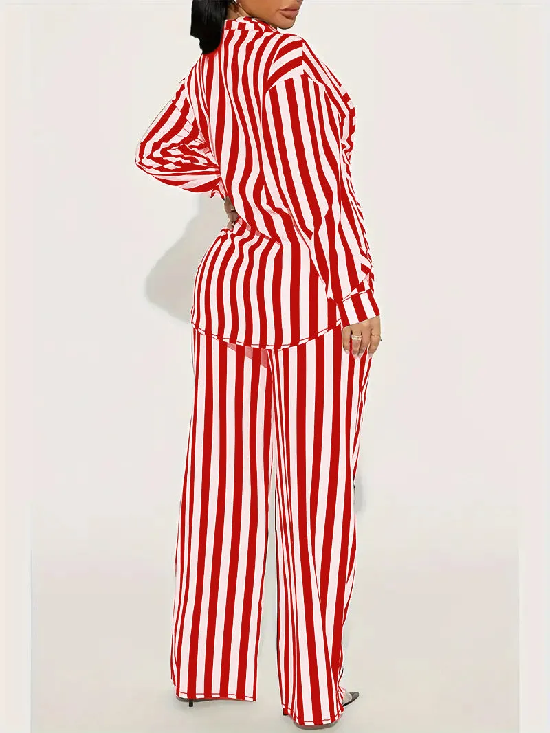 Bold Black and White Striped Long Sleeve Shirt and Pants Set