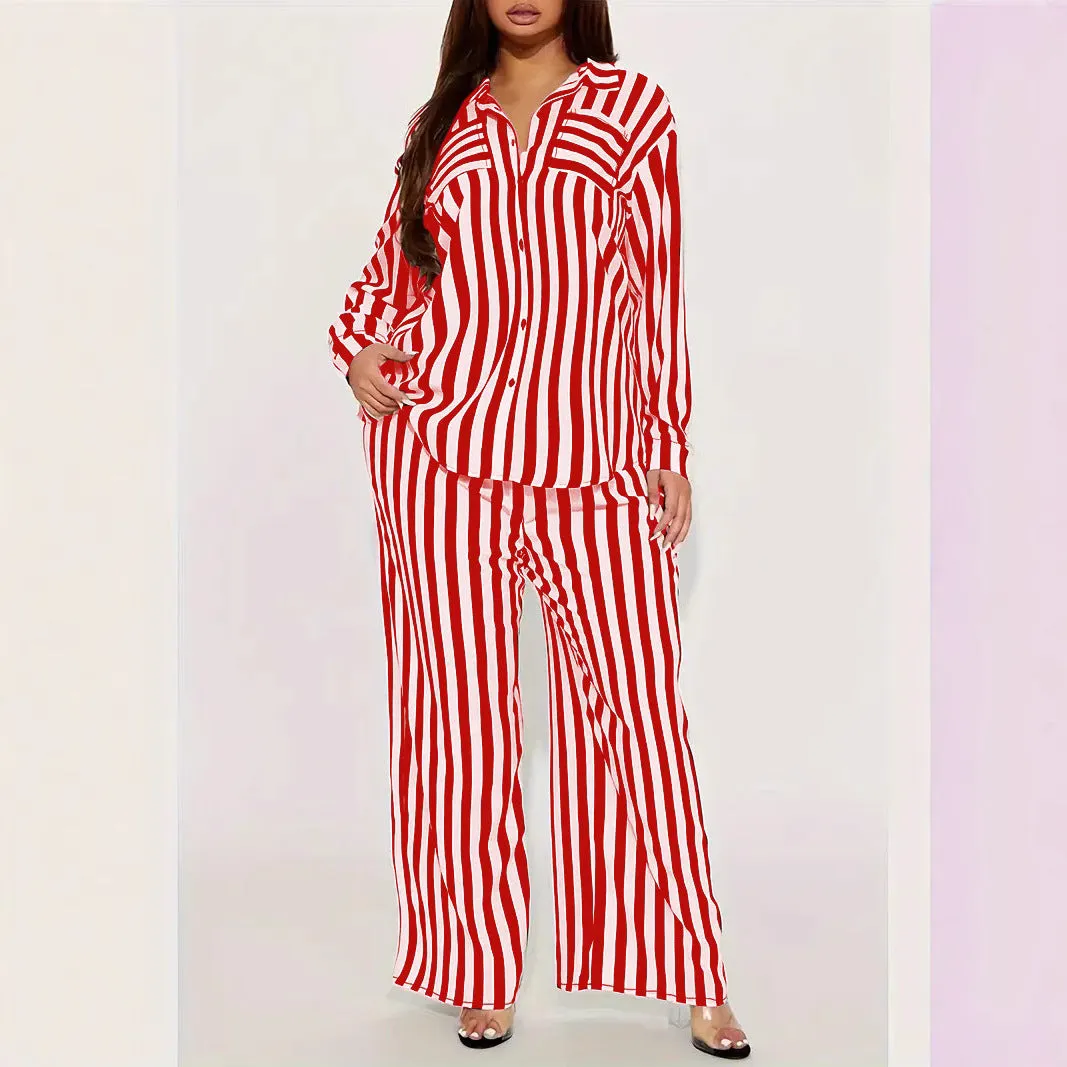 Bold Black and White Striped Long Sleeve Shirt and Pants Set