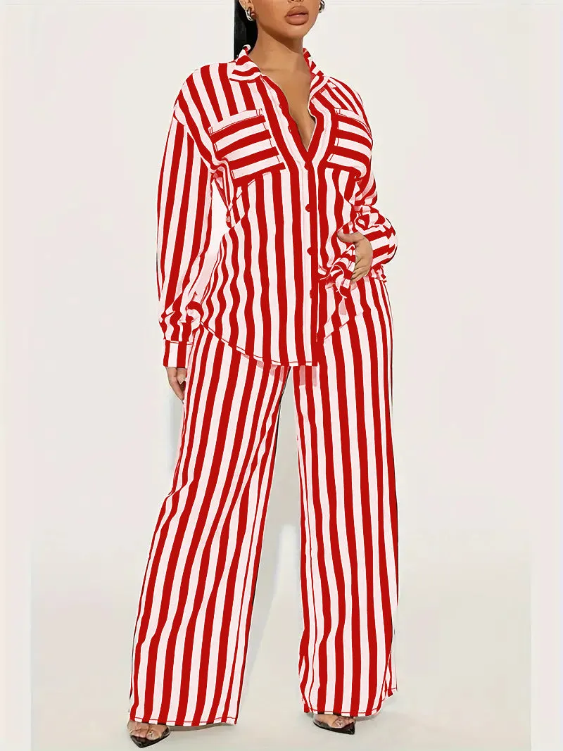 Bold Black and White Striped Long Sleeve Shirt and Pants Set