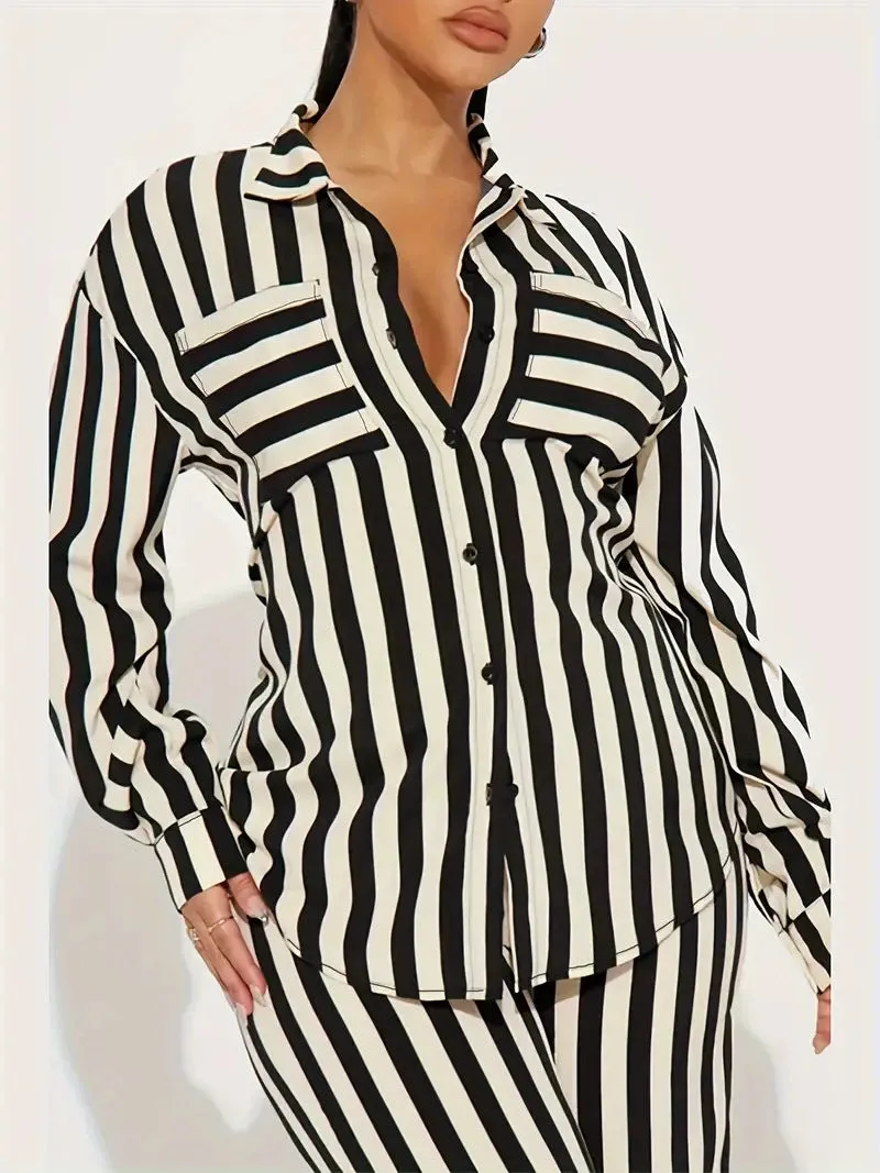 Bold Black and White Striped Long Sleeve Shirt and Pants Set
