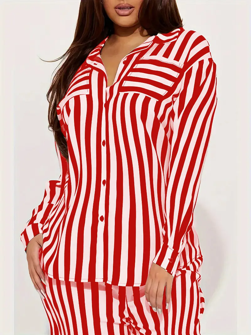 Bold Black and White Striped Long Sleeve Shirt and Pants Set