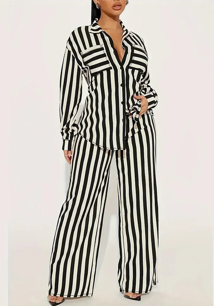 Bold Black and White Striped Long Sleeve Shirt and Pants Set