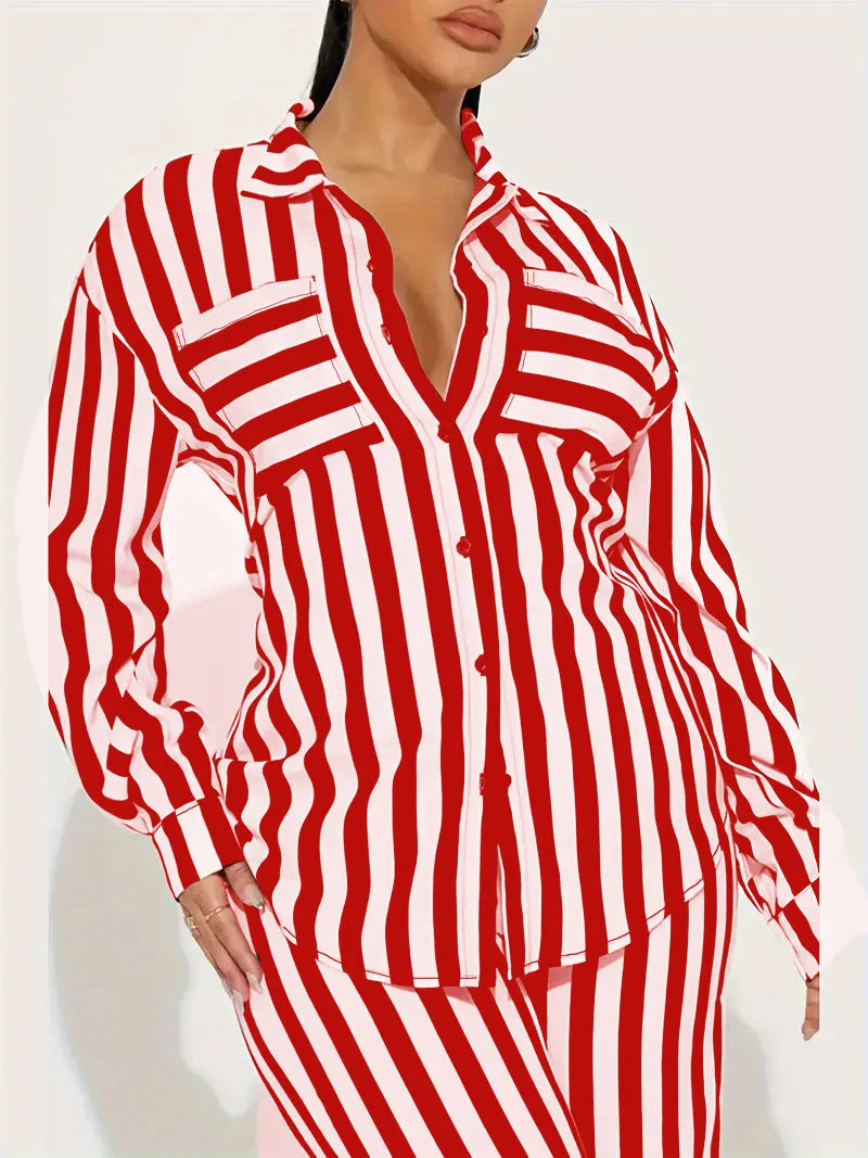 Bold Black and White Striped Long Sleeve Shirt and Pants Set