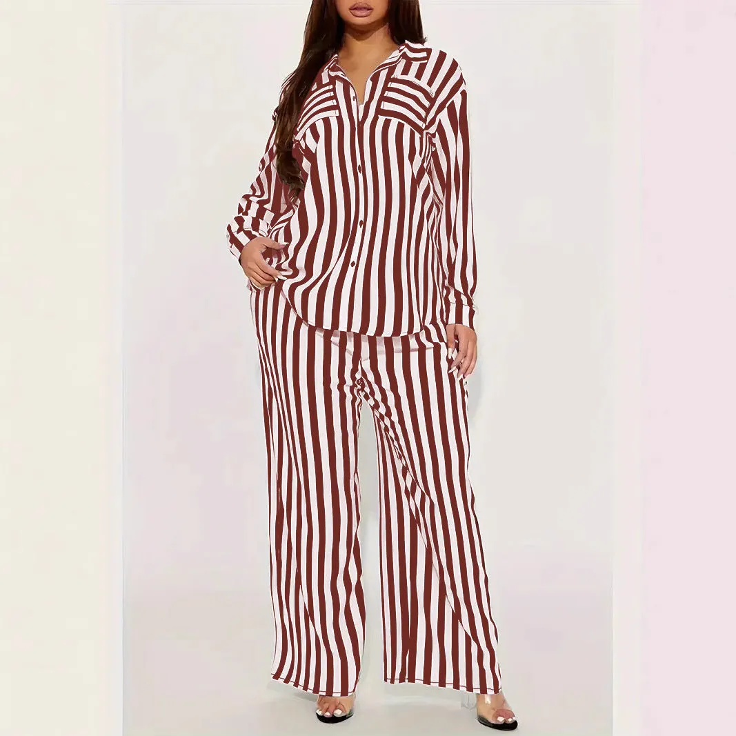 Bold Black and White Striped Long Sleeve Shirt and Pants Set