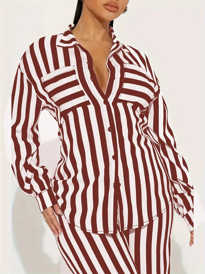 Bold Black and White Striped Long Sleeve Shirt and Pants Set