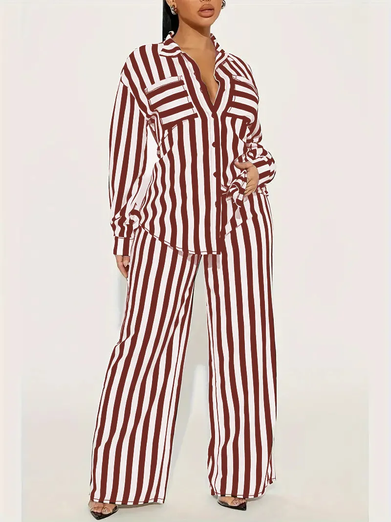 Bold Black and White Striped Long Sleeve Shirt and Pants Set