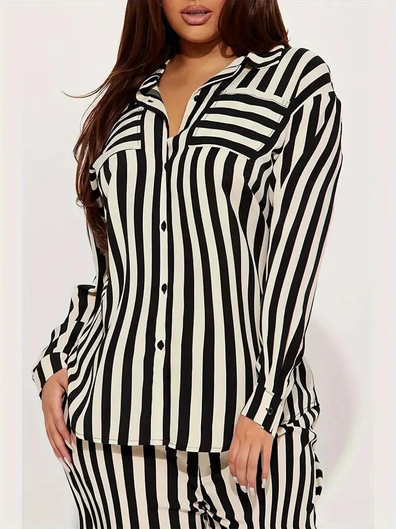 Bold Black and White Striped Long Sleeve Shirt and Pants Set