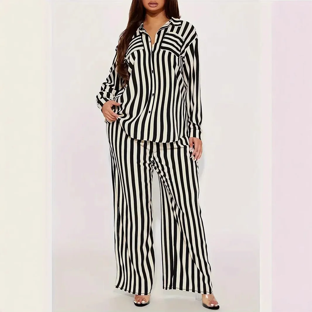 Bold Black and White Striped Long Sleeve Shirt and Pants Set