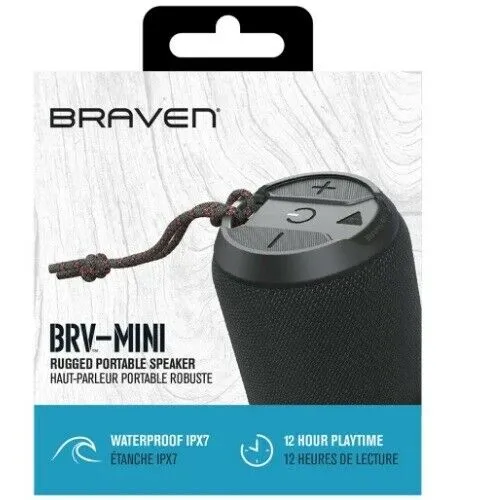 Braven BRV Rugged Mini Wireless Blue Portable Bluetooth Speaker-12 Hour Playtime- Black
