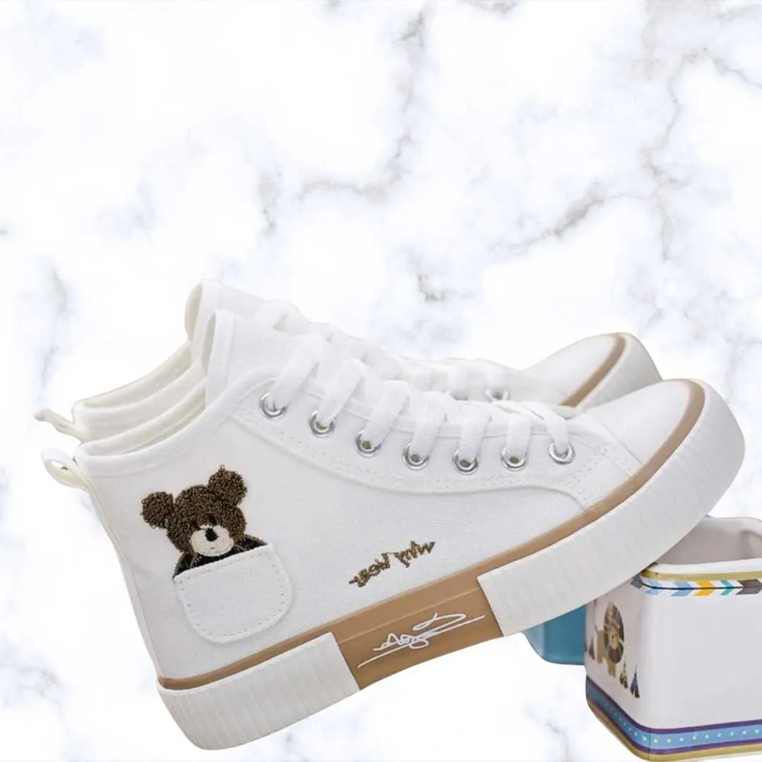 Breathable Canvas Bear Sneakers for Women – Casual High Top Sport Flats, Vulcanized Shoes