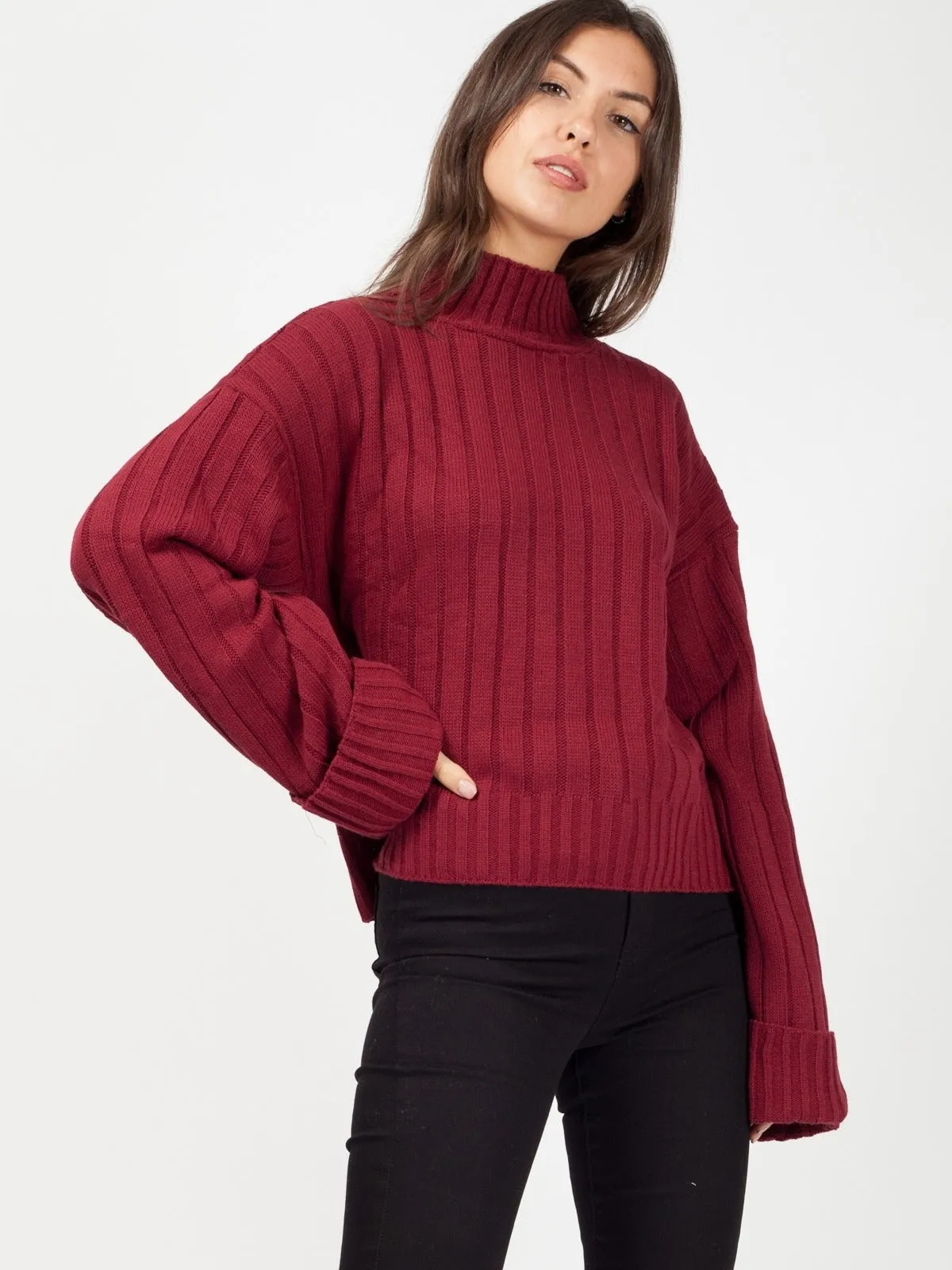Burgundy Turtle Neck Oversized Knitted Jumper