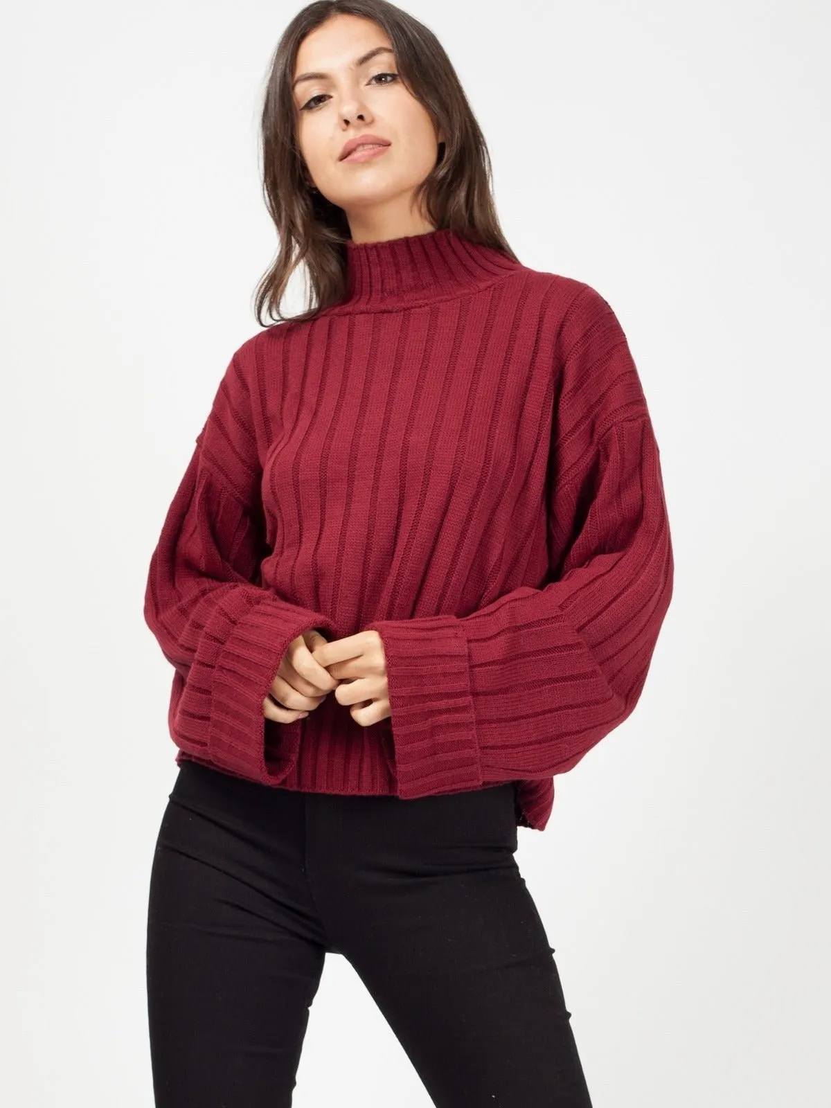 Burgundy Turtle Neck Oversized Knitted Jumper