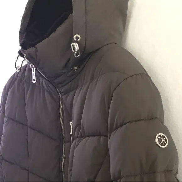 Calvin Klein Repel Grey Puffer Coat XL Hooded Black Faux Fur Trim - Like New!