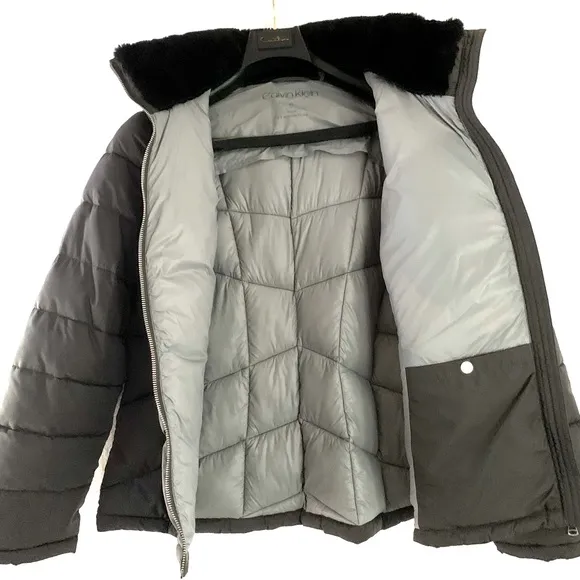 Calvin Klein Repel Grey Puffer Coat XL Hooded Black Faux Fur Trim - Like New!