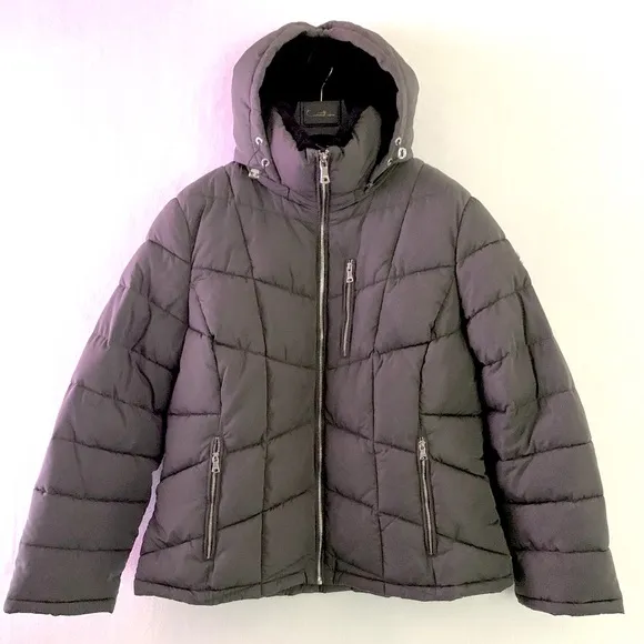Calvin Klein Repel Grey Puffer Coat XL Hooded Black Faux Fur Trim - Like New!