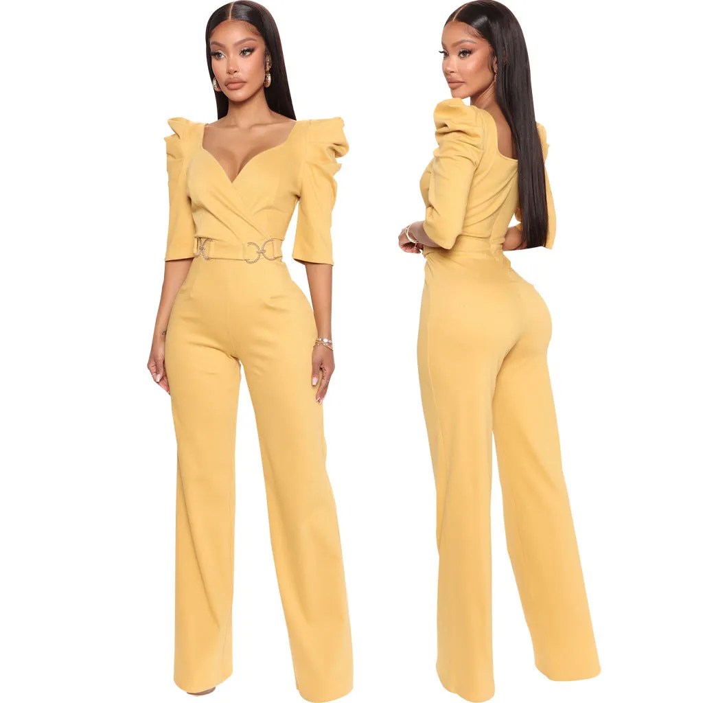 Chic Allure V-Neck Jumpsuit with Flattering Three-Quarter Sleeves