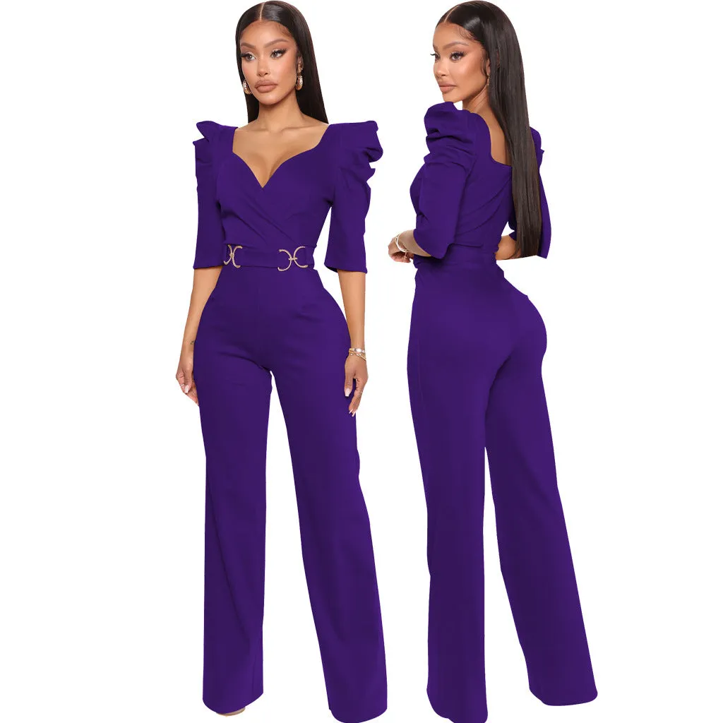 Chic Allure V-Neck Jumpsuit with Flattering Three-Quarter Sleeves
