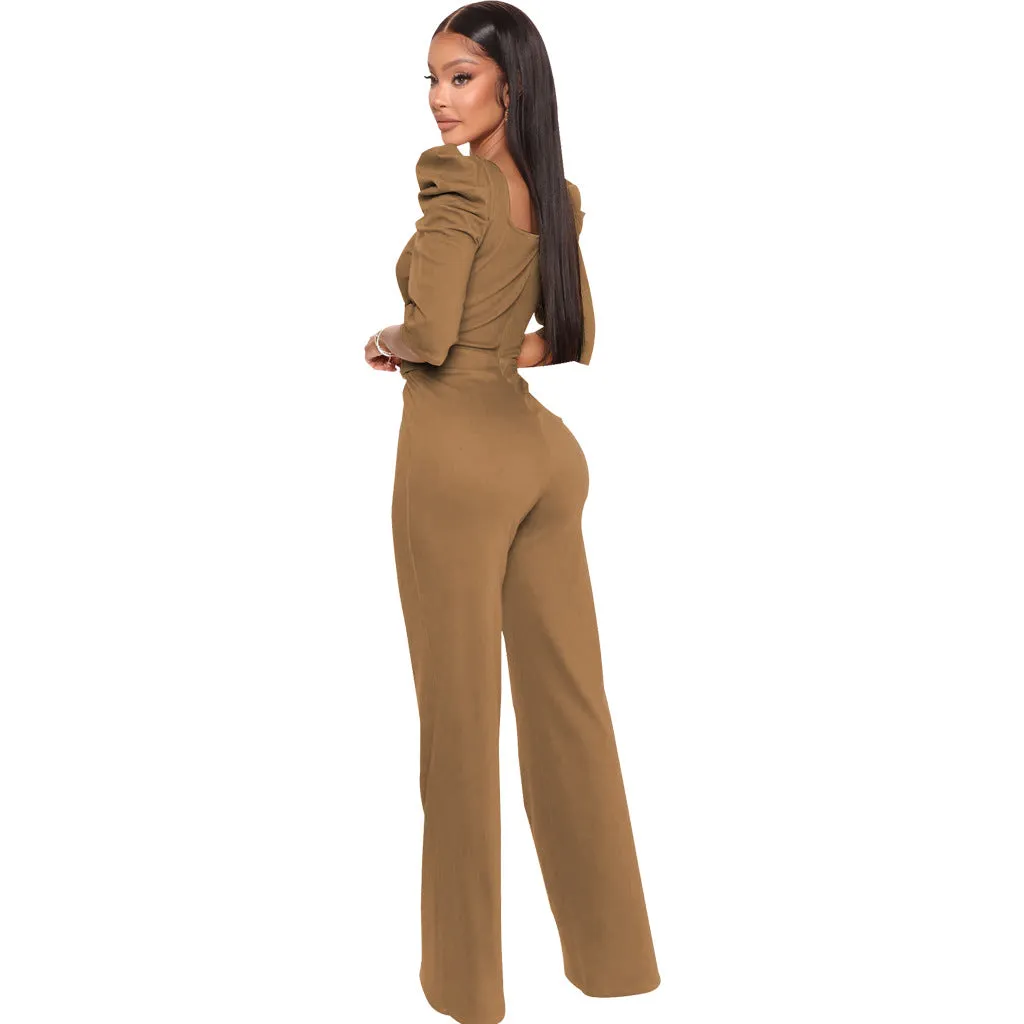 Chic Allure V-Neck Jumpsuit with Flattering Three-Quarter Sleeves