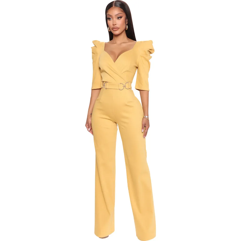 Chic Allure V-Neck Jumpsuit with Flattering Three-Quarter Sleeves