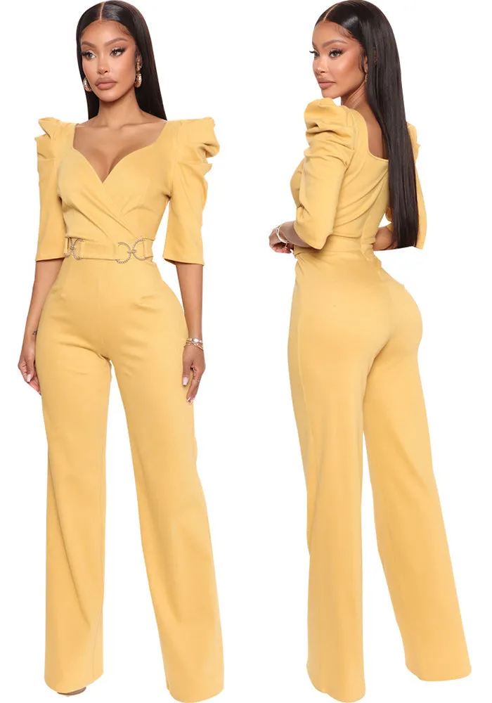 Chic Allure V-Neck Jumpsuit with Flattering Three-Quarter Sleeves