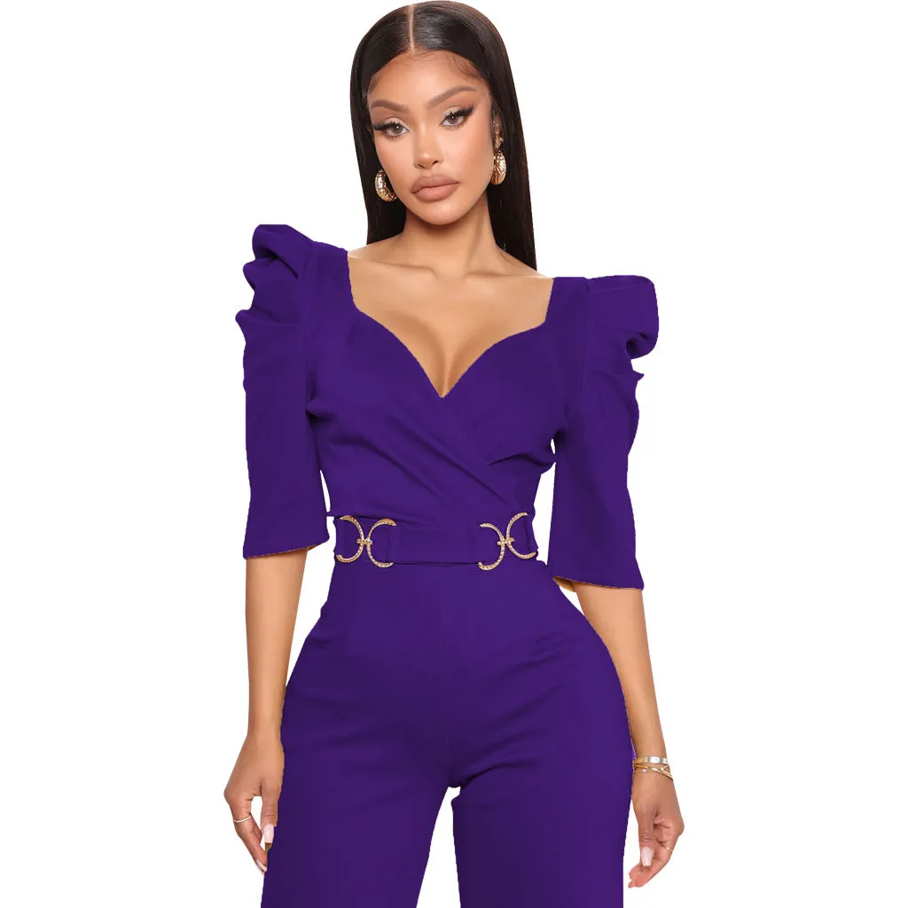 Chic Allure V-Neck Jumpsuit with Flattering Three-Quarter Sleeves