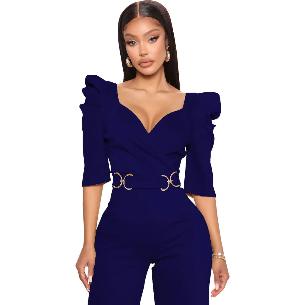 Chic Allure V-Neck Jumpsuit with Flattering Three-Quarter Sleeves