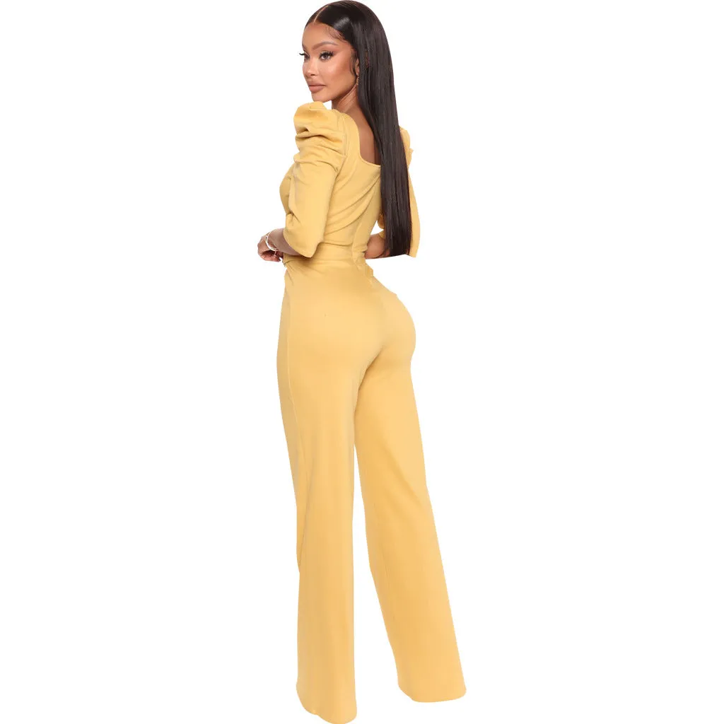 Chic Allure V-Neck Jumpsuit with Flattering Three-Quarter Sleeves