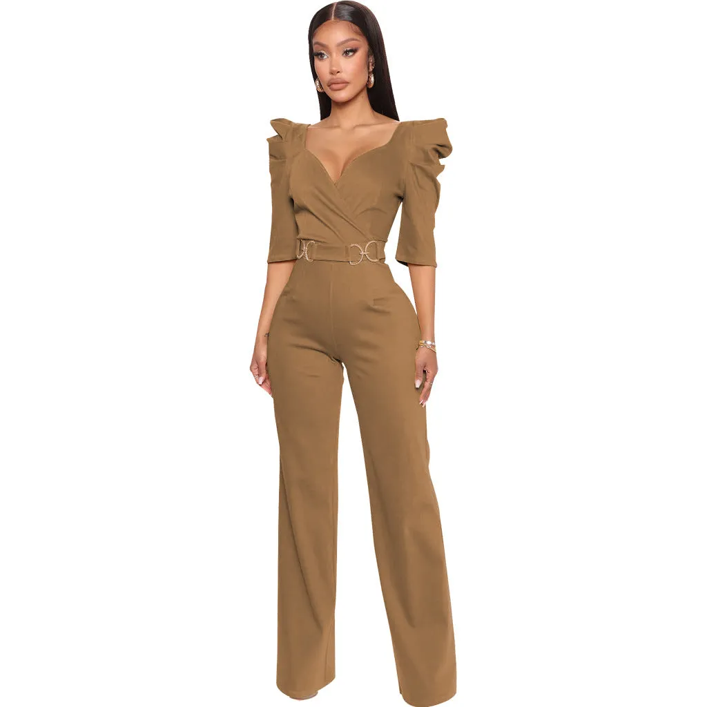 Chic Allure V-Neck Jumpsuit with Flattering Three-Quarter Sleeves