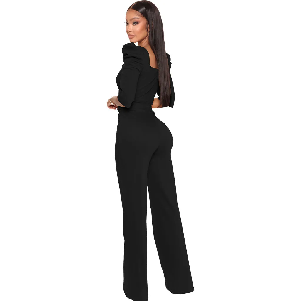 Chic Allure V-Neck Jumpsuit with Flattering Three-Quarter Sleeves
