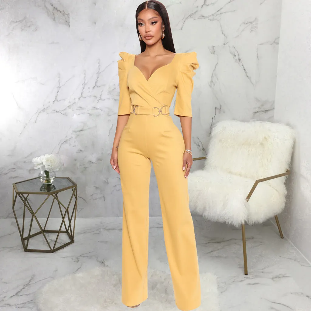 Chic Allure V-Neck Jumpsuit with Flattering Three-Quarter Sleeves