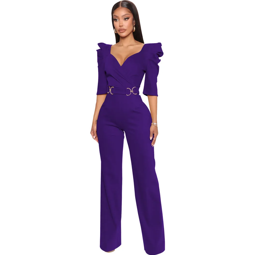 Chic Allure V-Neck Jumpsuit with Flattering Three-Quarter Sleeves