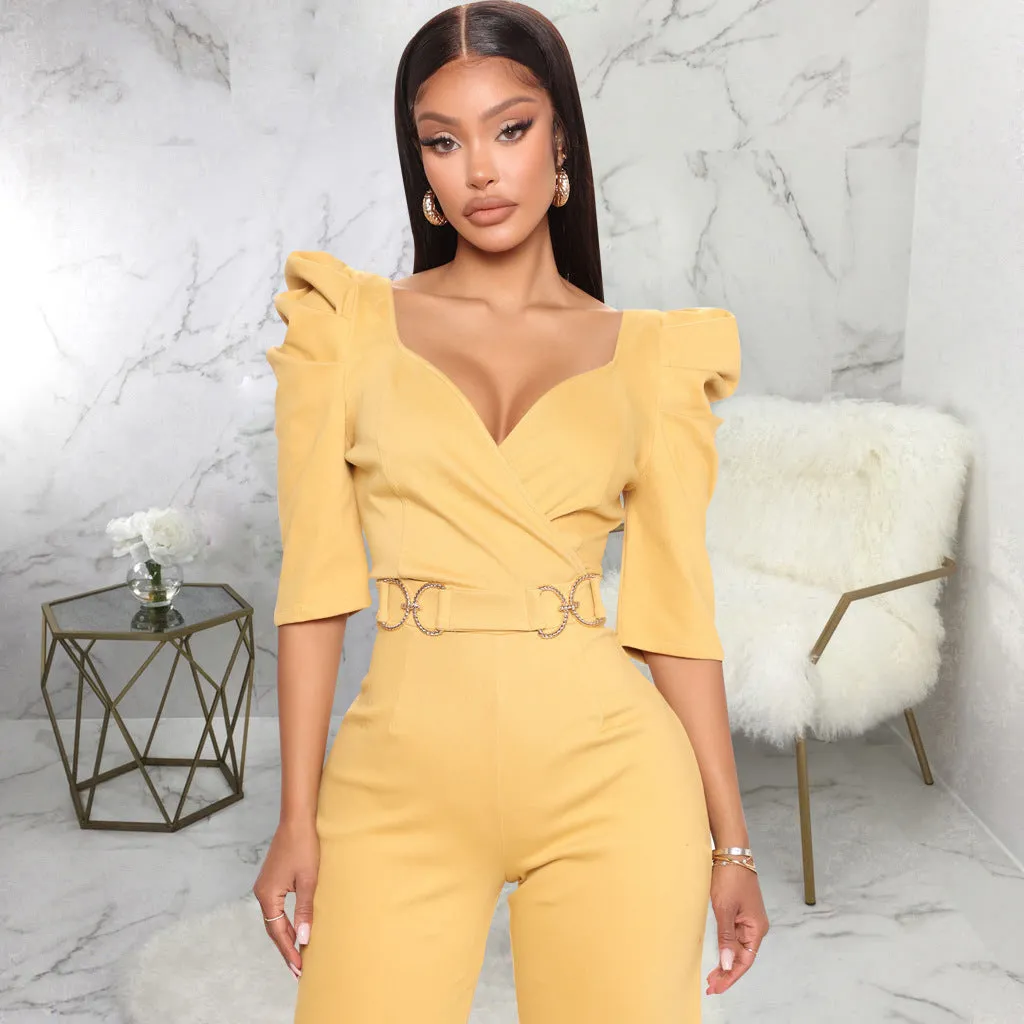 Chic Allure V-Neck Jumpsuit with Flattering Three-Quarter Sleeves
